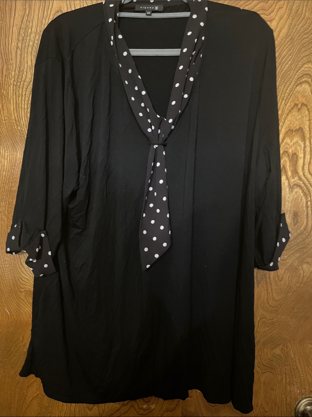 3X CIRANA  Black Tunic with White Polka Dot Tie Detail